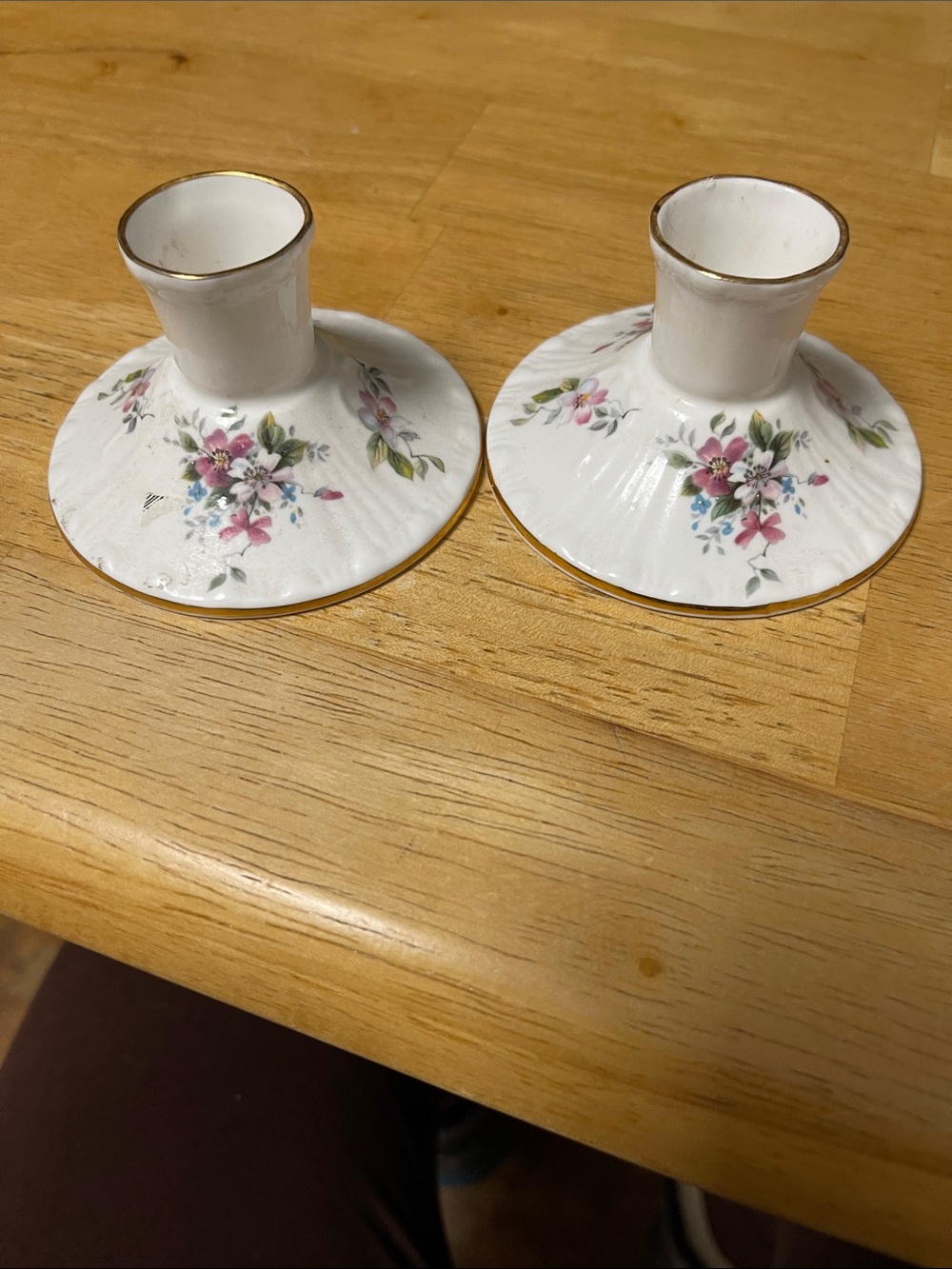 Vintage Royal  Grafton White Floral Porcelain 2”w Candle Holders with Gold Trim
